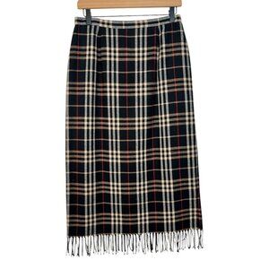 Vintage Briggs petite Plaid Midi Skirt Fringe Trim Wool Blend black Tan 10P
